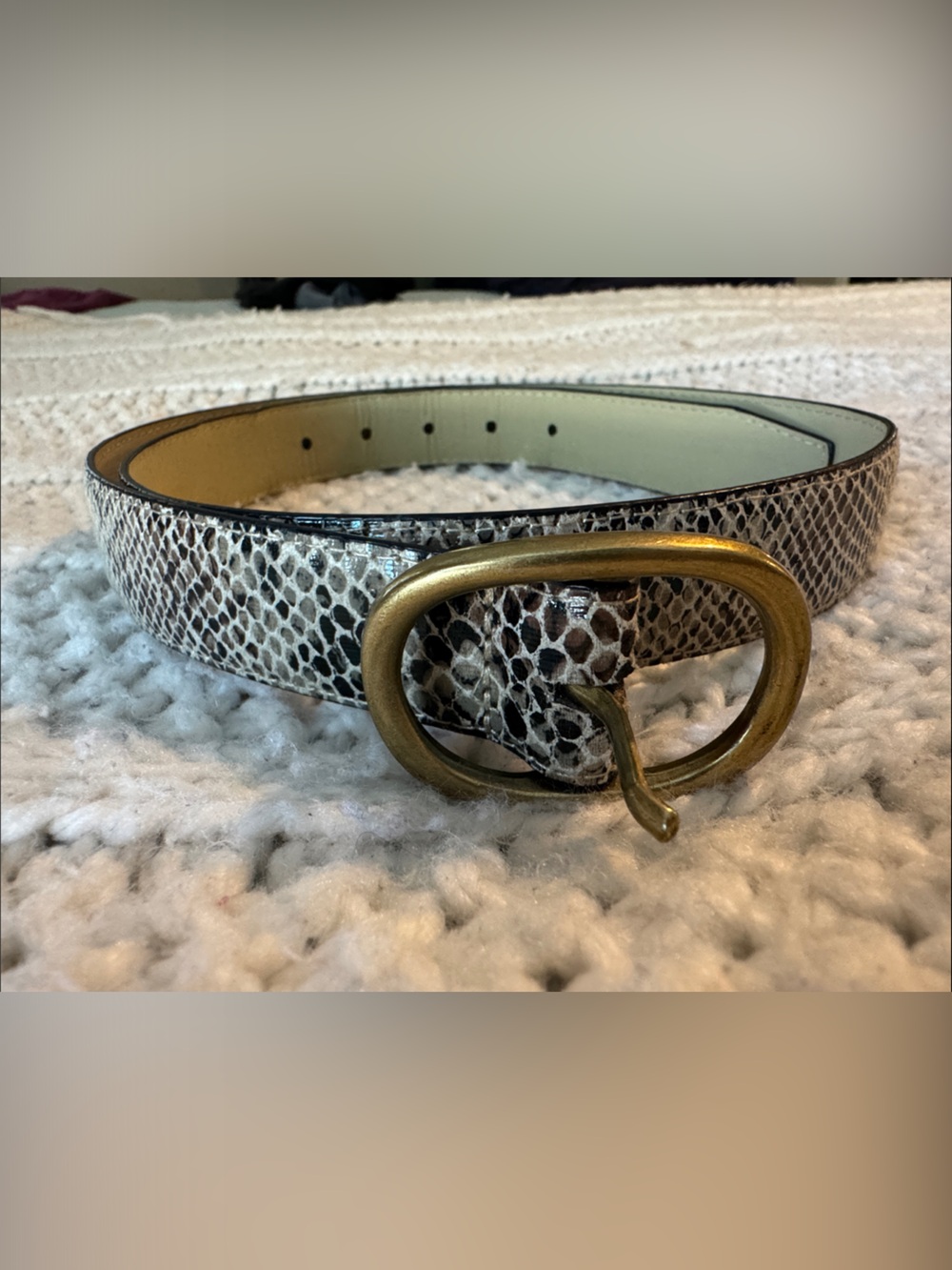 Snake-Print Belt with Antiqued Gold Buckle - White/Brown